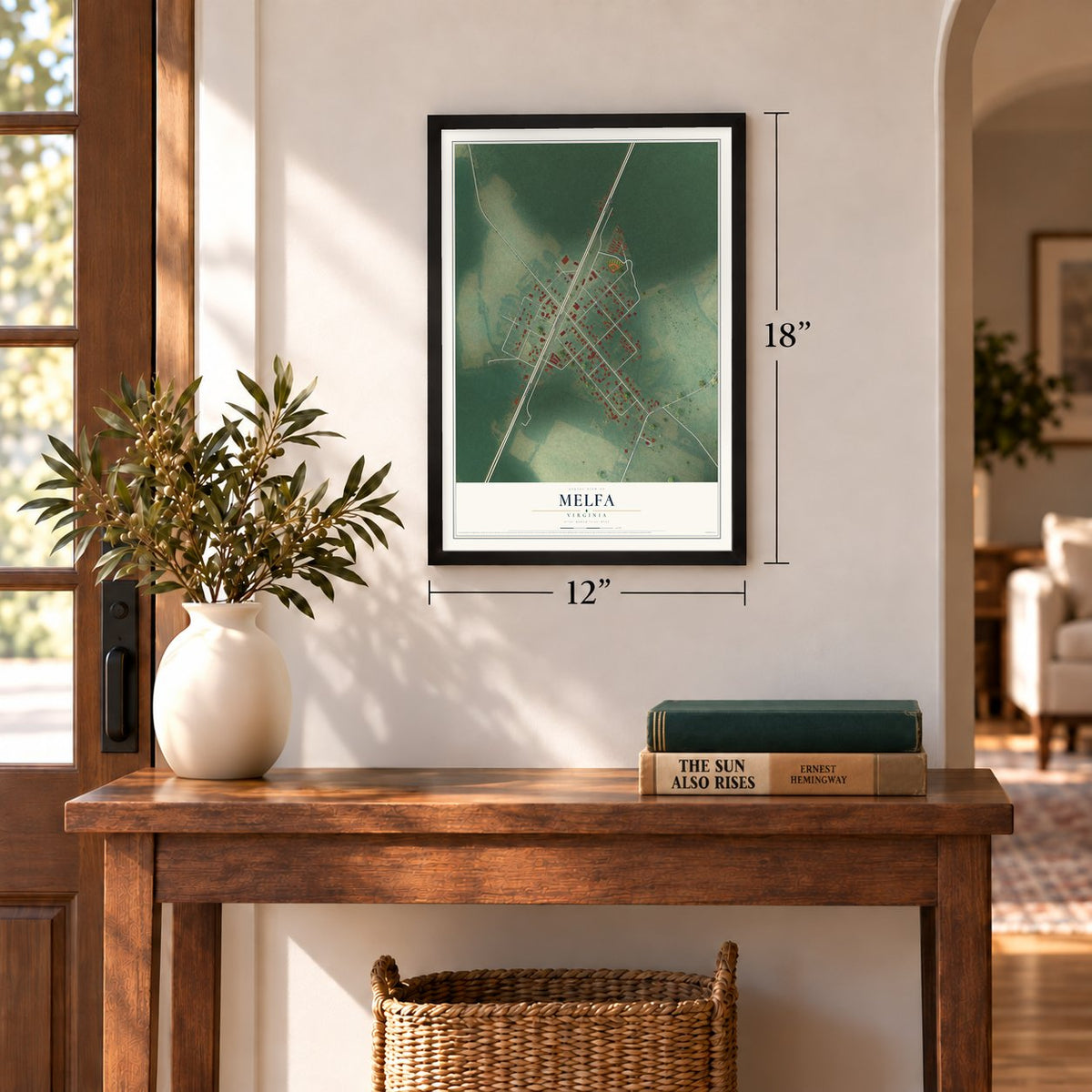 Melfa, Virginia map, 12 x 18 inch print in a black frame in an entryway