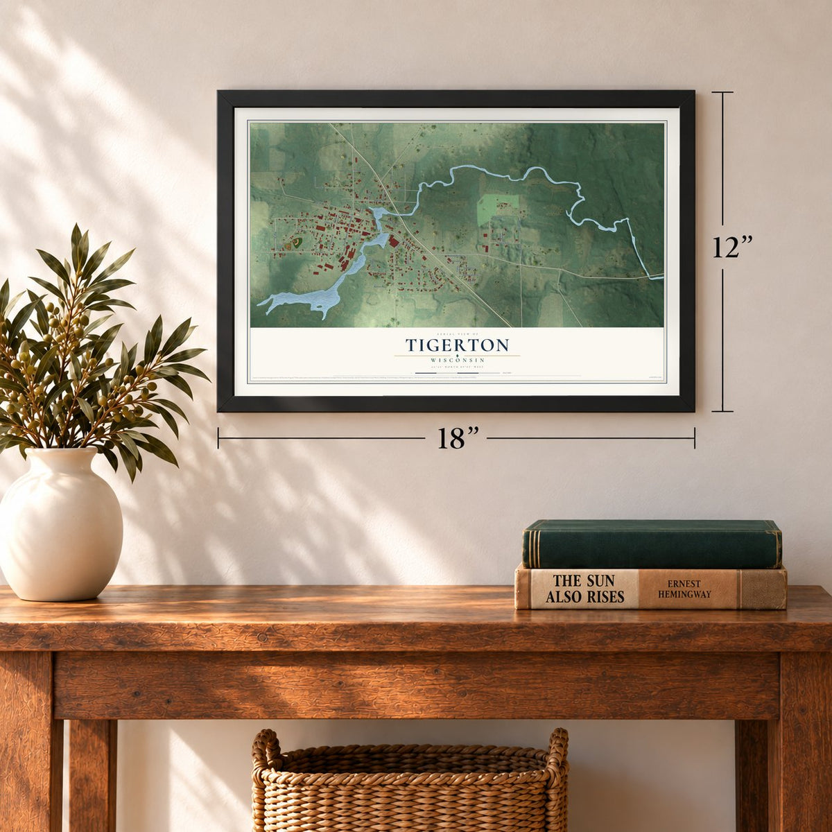 Tigerton, Wisconsin map, 12 x 18 inch print in a black frame in an entryway