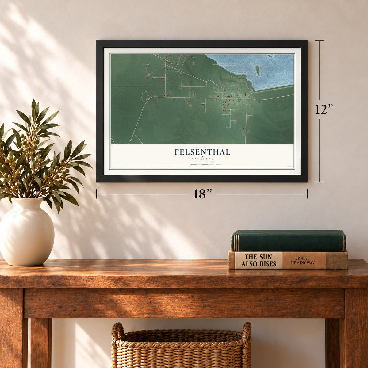 Felsenthal, Arkansas map, 12 x 18 inch print in a black frame in an entryway
