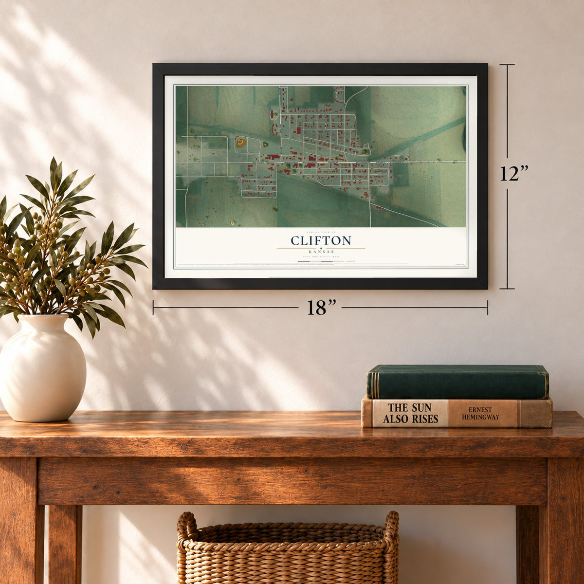Clifton, Kansas map, 12 x 18 inch print in a black frame in an entryway