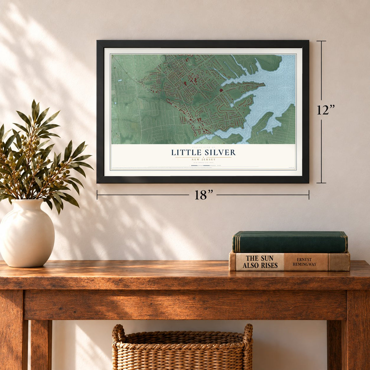 Little Silver, New Jersey map, 12 x 18 inch print in a black frame in an entryway