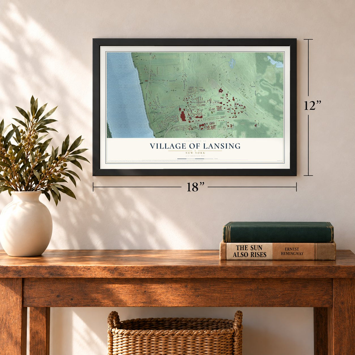 Village of Lansing, New York map, 12 x 18 inch print in a black frame in an entryway