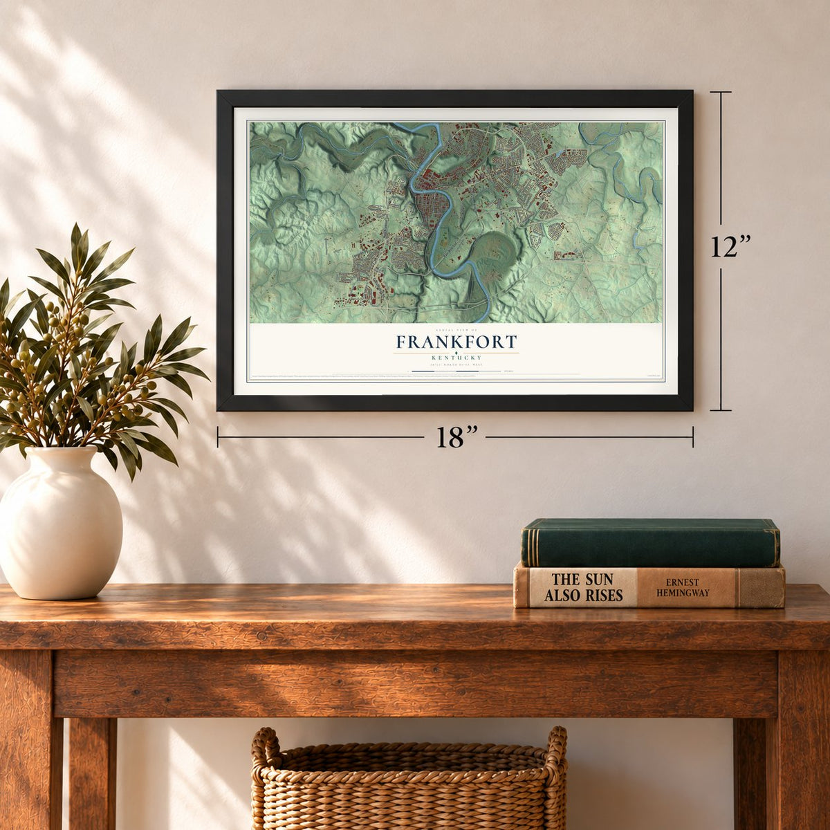 Frankfort, Kentucky map, 12 x 18 inch print in a black frame in an entryway