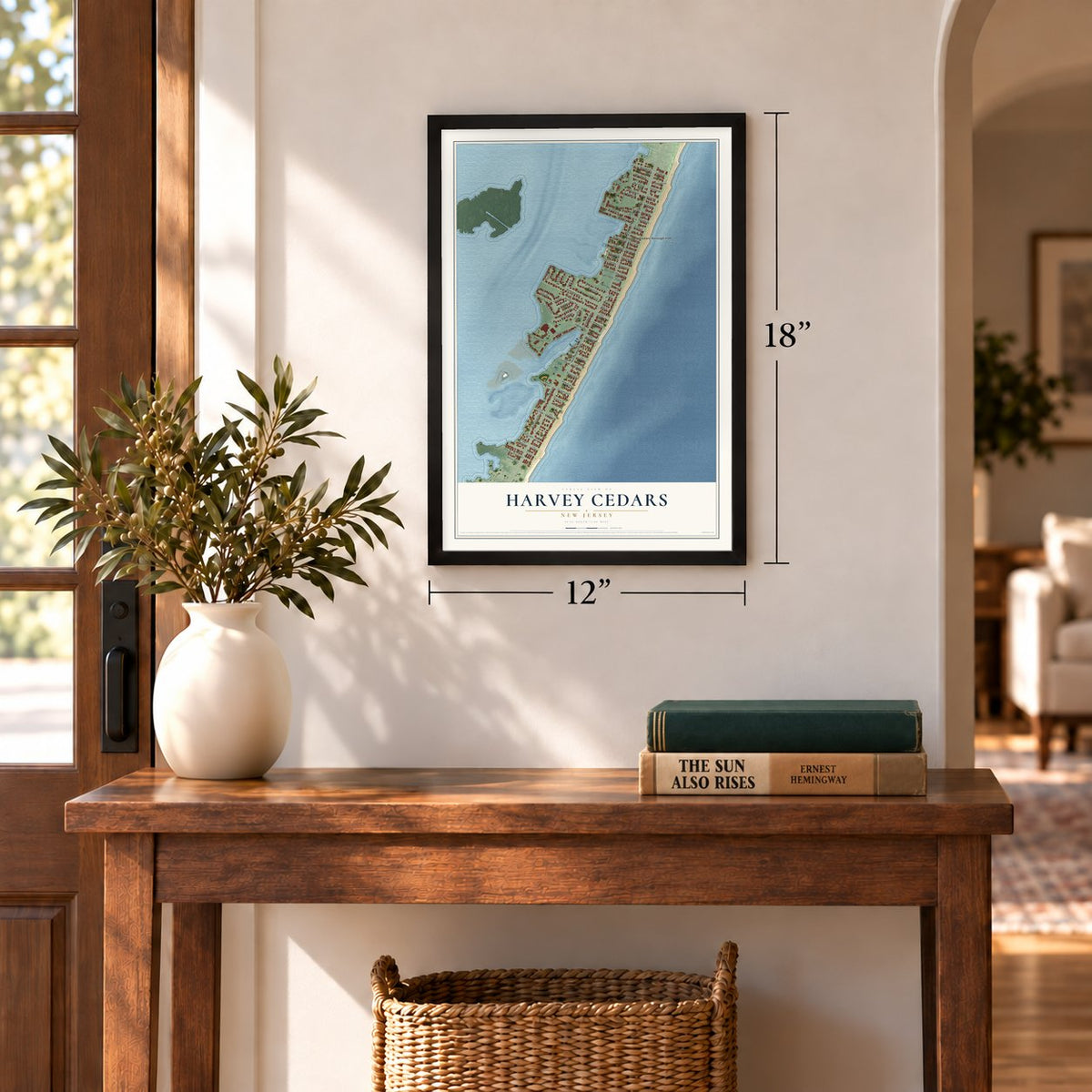 Harvey Cedars, New Jersey map, 12 x 18 inch print in a black frame in an entryway