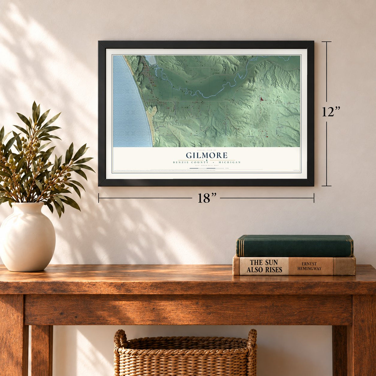 Gilmore, Benzie County, Michigan map, 12 x 18 inch print in a black frame in an entryway