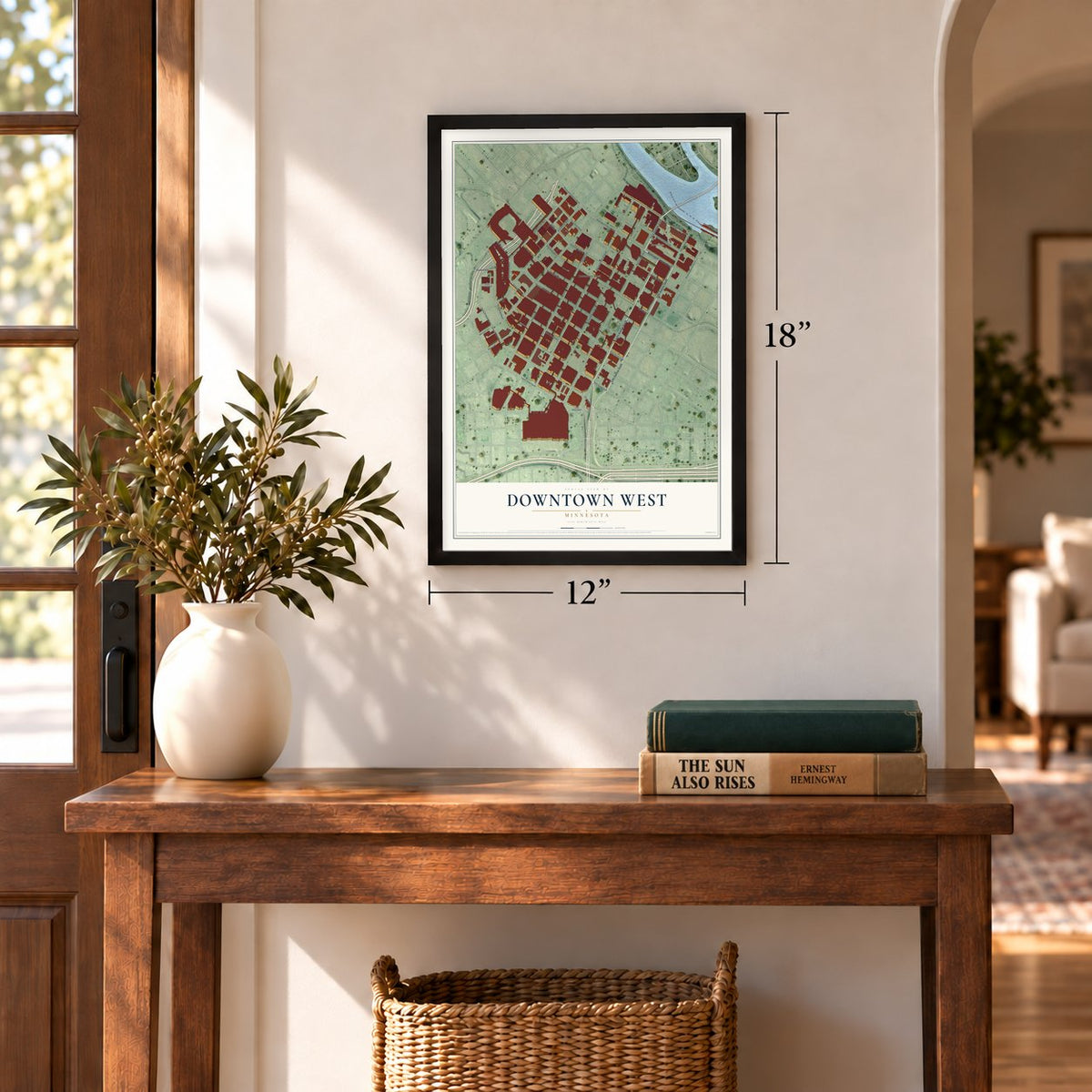 Downtown West, Minnesota map, 12 x 18 inch print in a black frame in an entryway