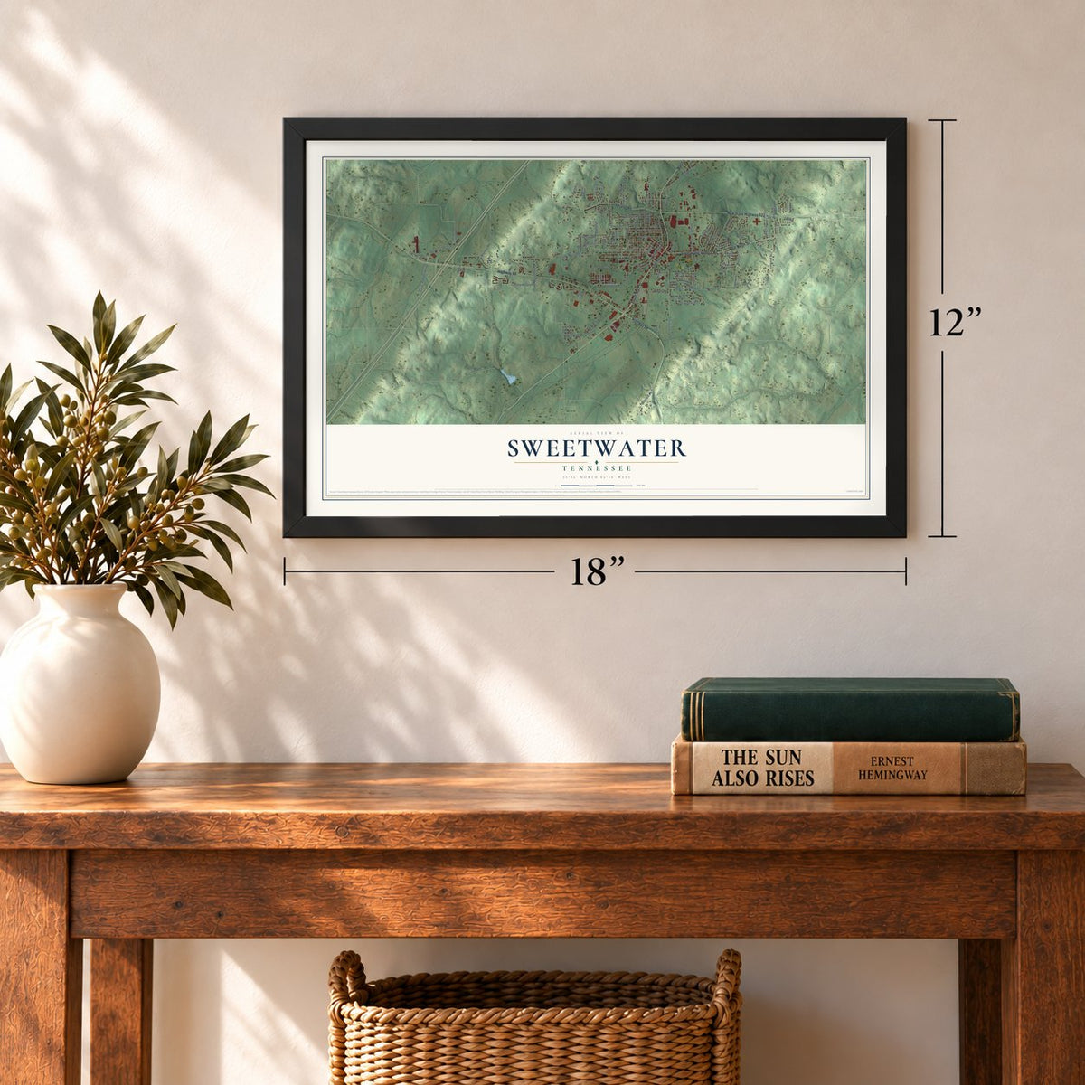 Sweetwater, Tennessee map, 12 x 18 inch print in a black frame in an entryway