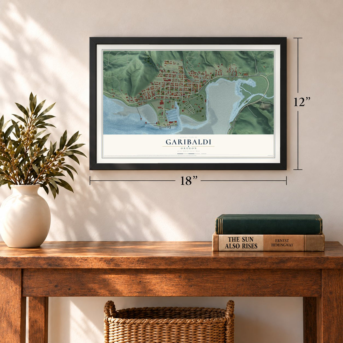 Garibaldi, Oregon map, 12 x 18 inch print in a black frame in an entryway