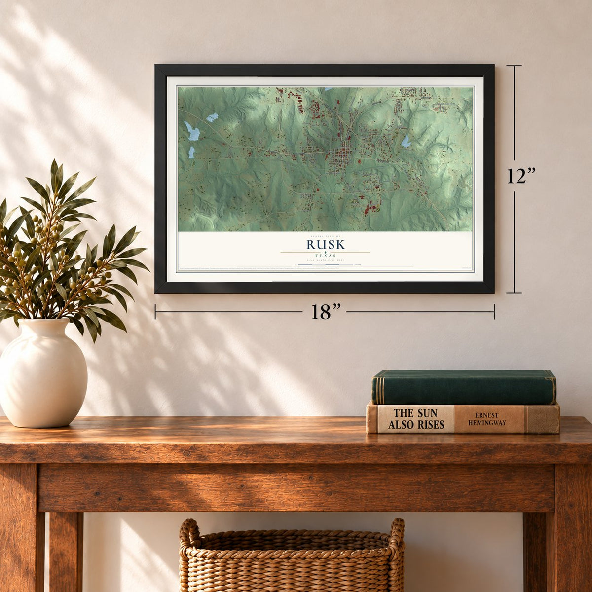 Rusk, Texas map, 12 x 18 inch print in a black frame in an entryway