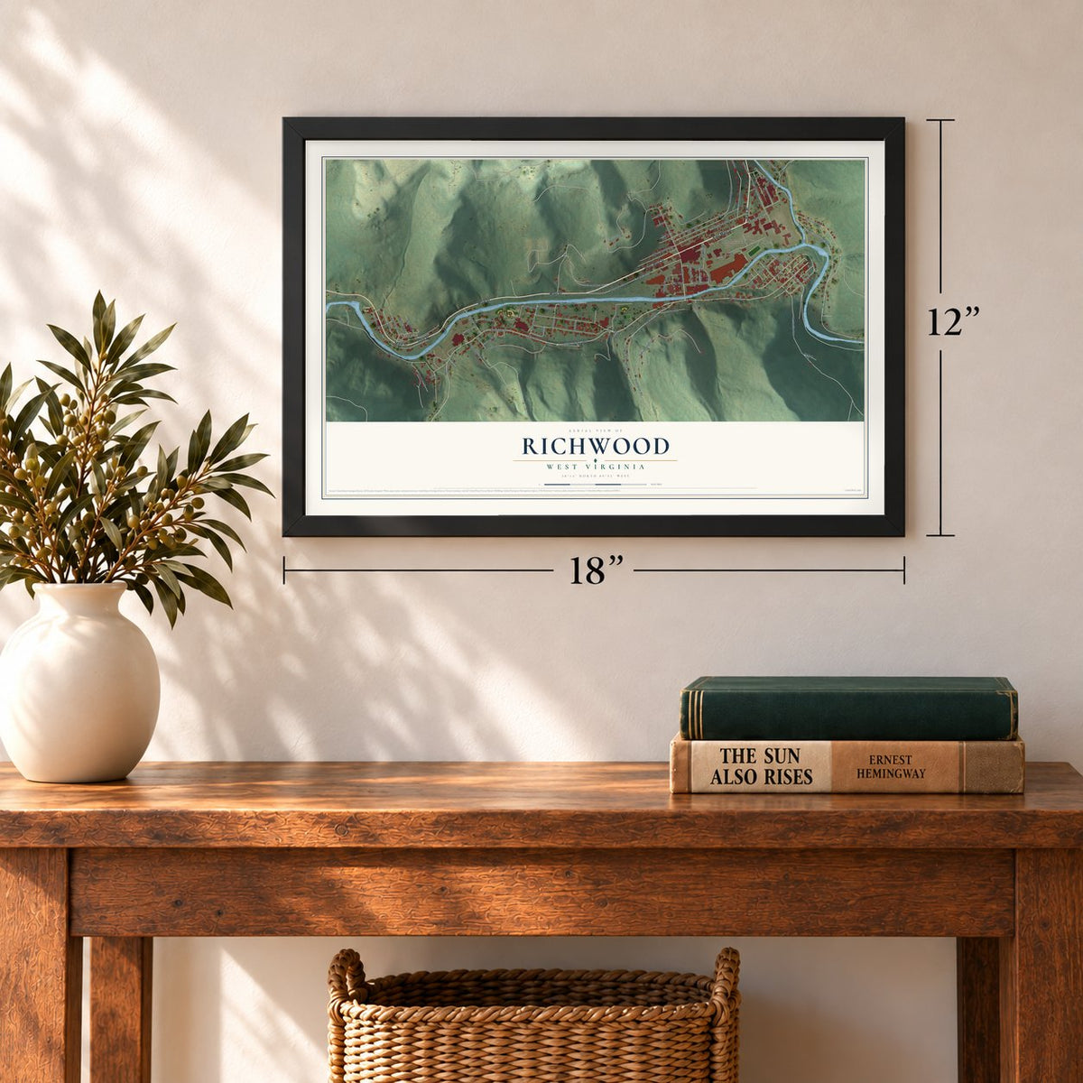 Richwood, West Virginia map, 12 x 18 inch print in a black frame in an entryway