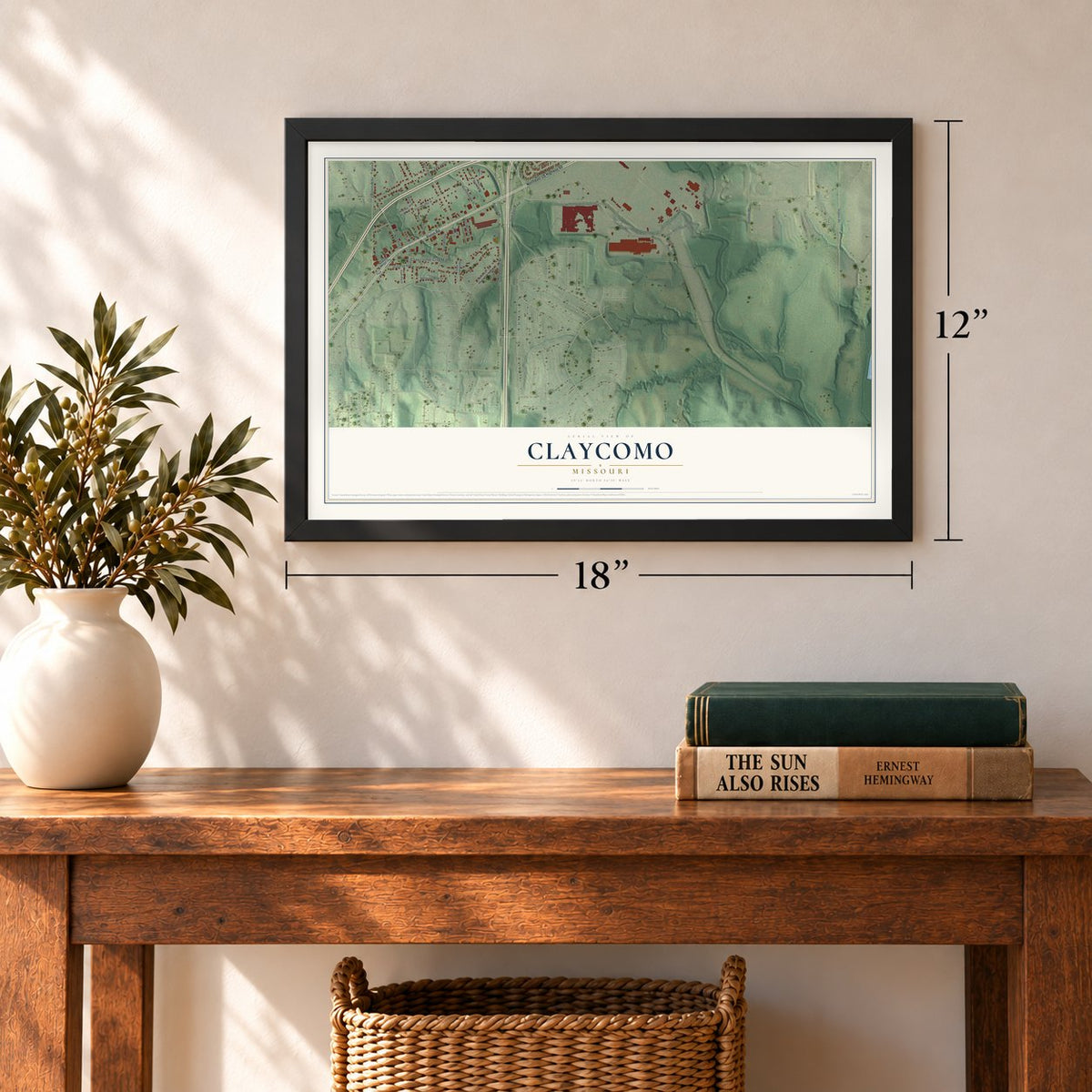 Claycomo, Missouri map, 12 x 18 inch print in a black frame in an entryway