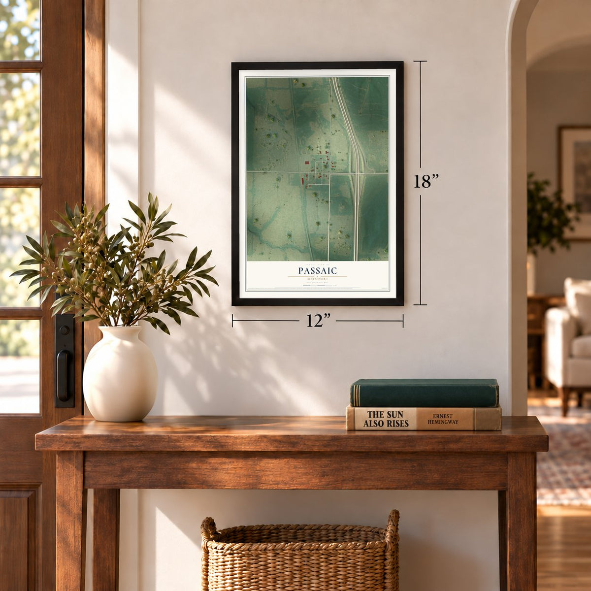 Passaic, Missouri map, 12 x 18 inch print in a black frame in an entryway