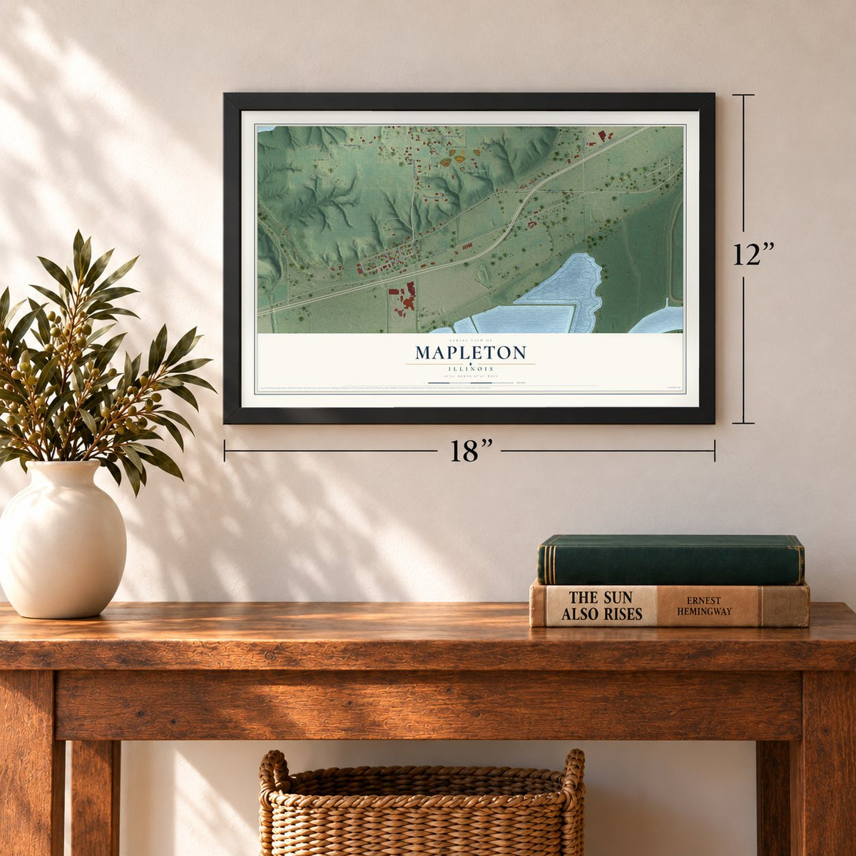 Mapleton, Illinois map, 12 x 18 inch print in a black frame in an entryway
