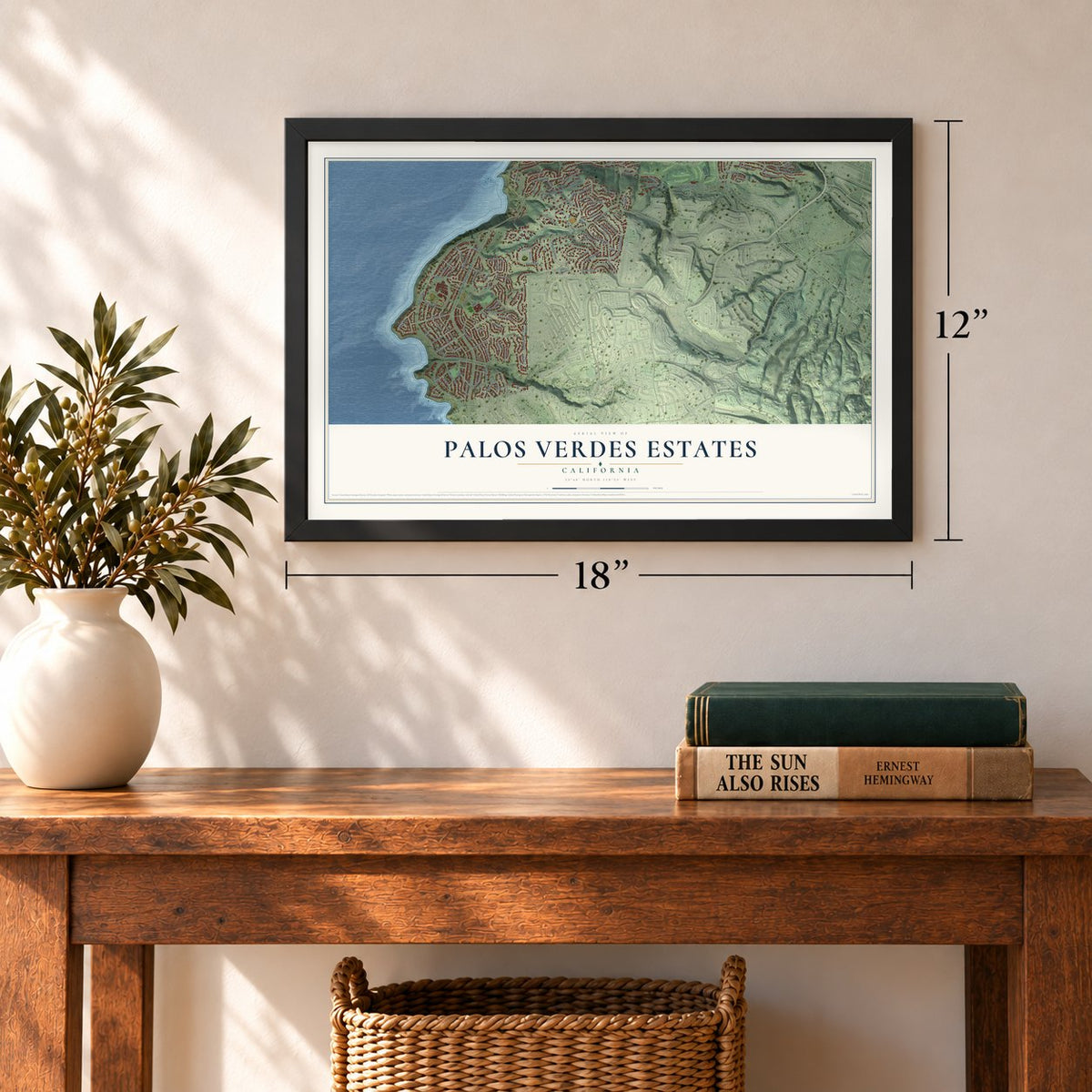 Palos Verdes Estates, California map, 12 x 18 inch print in a black frame in an entryway