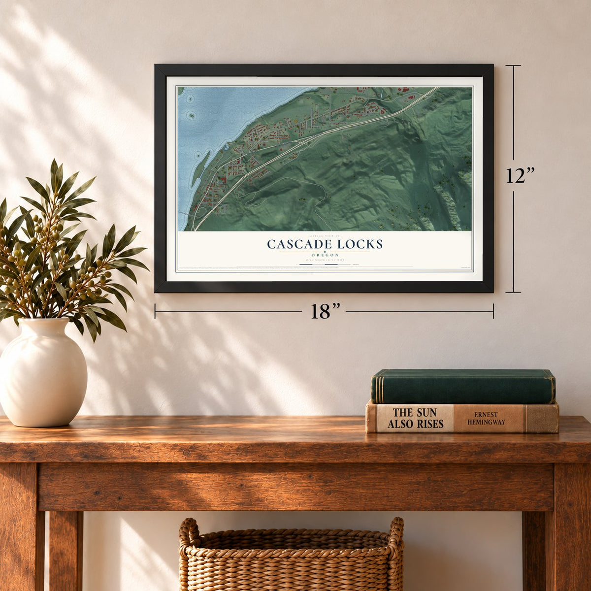 Cascade Locks, Oregon map, 12 x 18 inch print in a black frame in an entryway