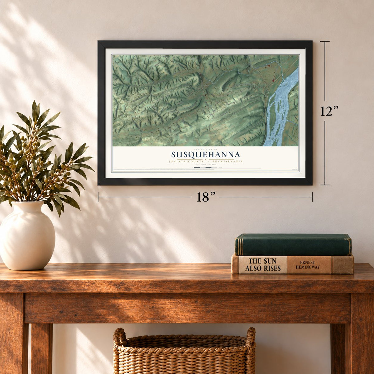 Susquehanna, Juniata County, Pennsylvania map, 12 x 18 inch print in a black frame in an entryway