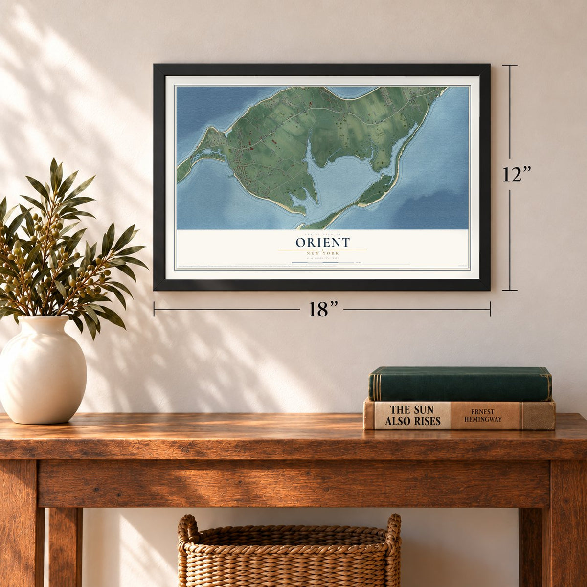 Orient, New York map, 12 x 18 inch print in a black frame in an entryway