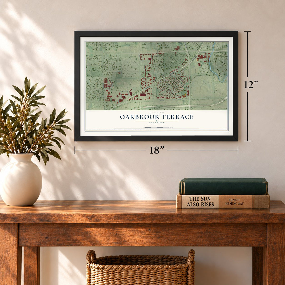 Oakbrook Terrace, Illinois map, 12 x 18 inch print in a black frame in an entryway