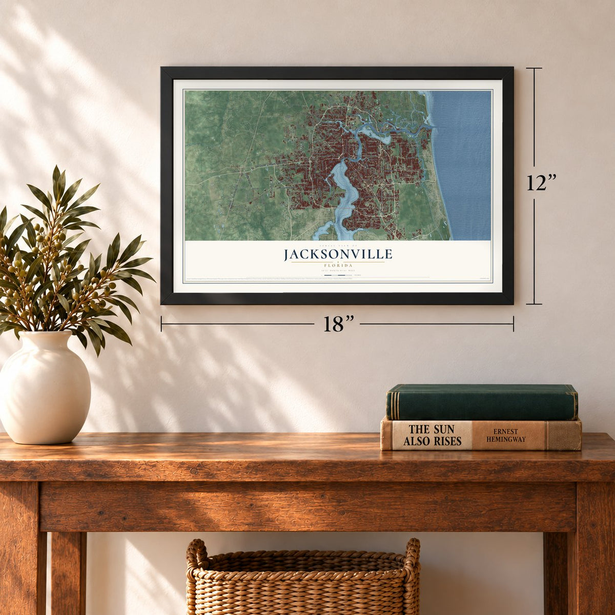Jacksonville, Florida map, 12 x 18 inch print in a black frame in an entryway
