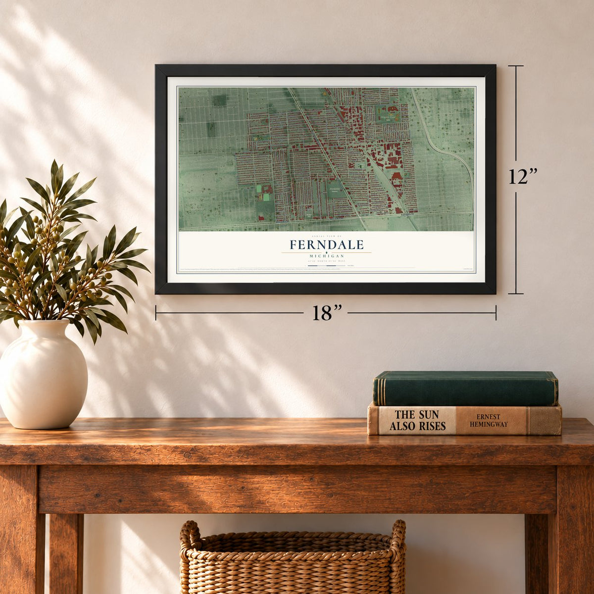 Ferndale, Michigan map, 12 x 18 inch print in a black frame in an entryway