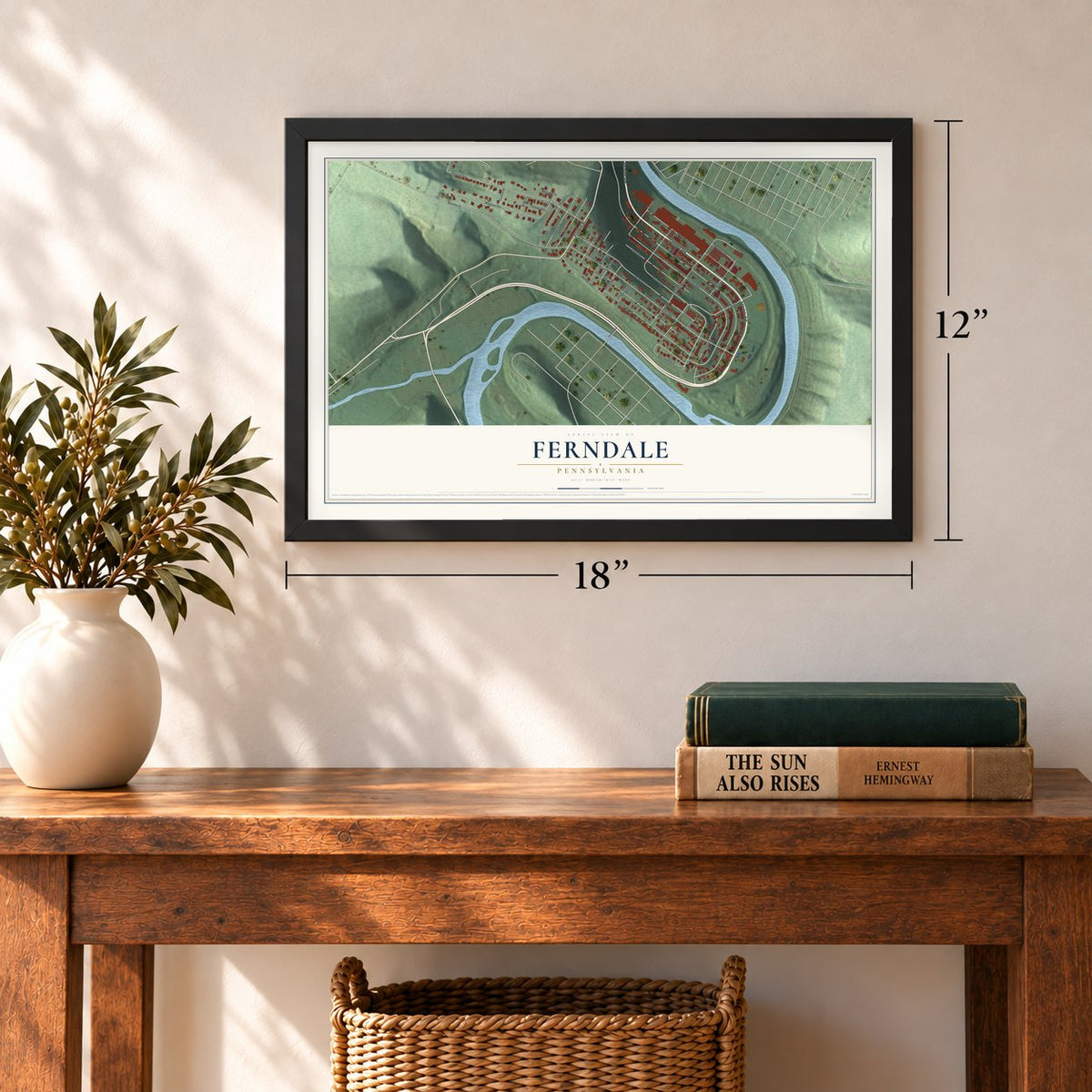 Ferndale, Pennsylvania map, 12 x 18 inch print in a black frame in an entryway