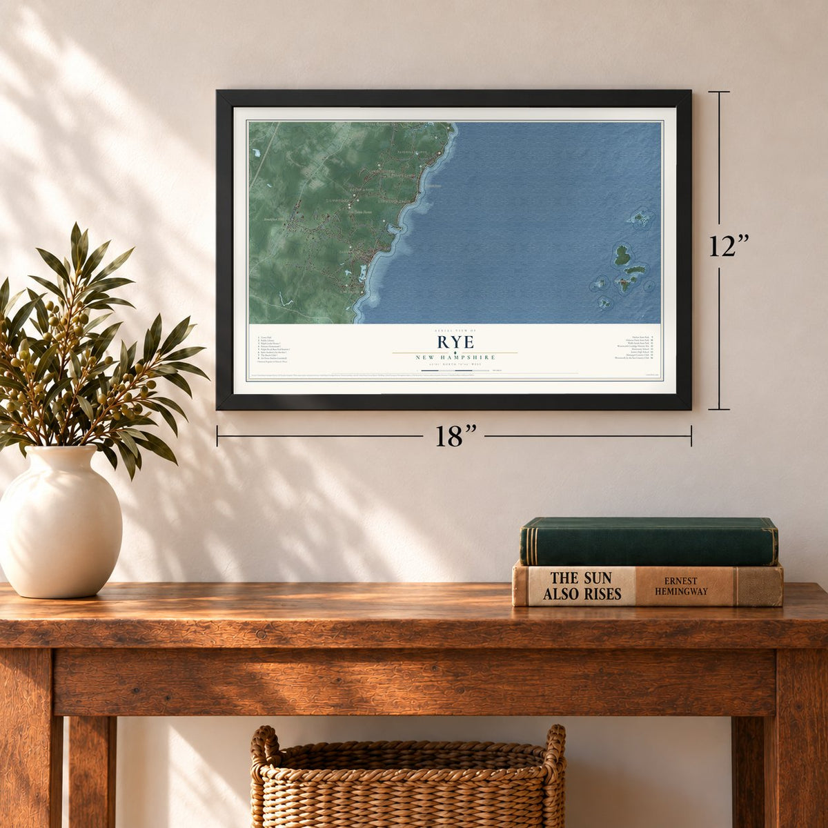 Rye, New Hampshire map, 12 x 18 inch print in a black frame in an entryway