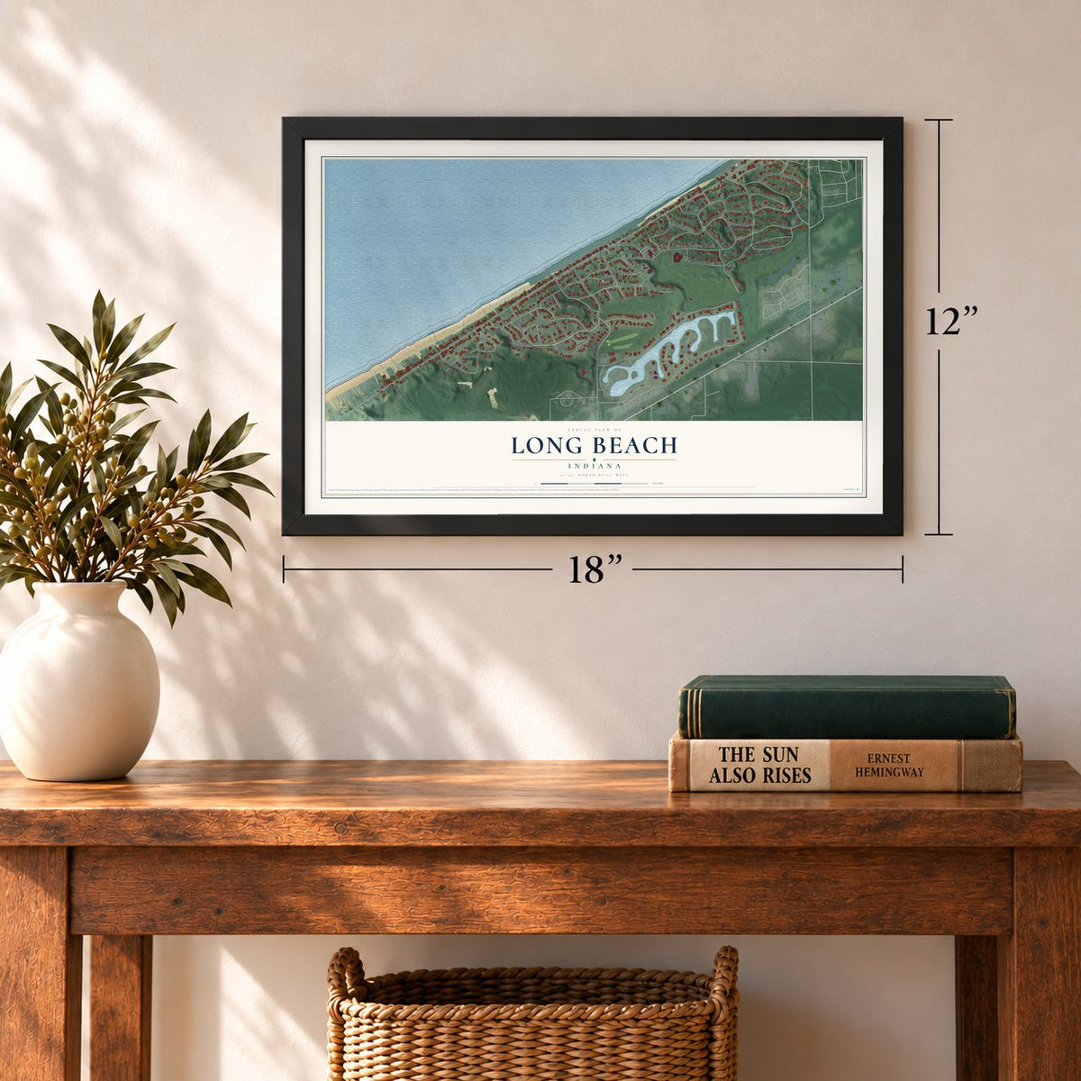 Long Beach, Indiana map, 12 x 18 inch print in a black frame in an entryway