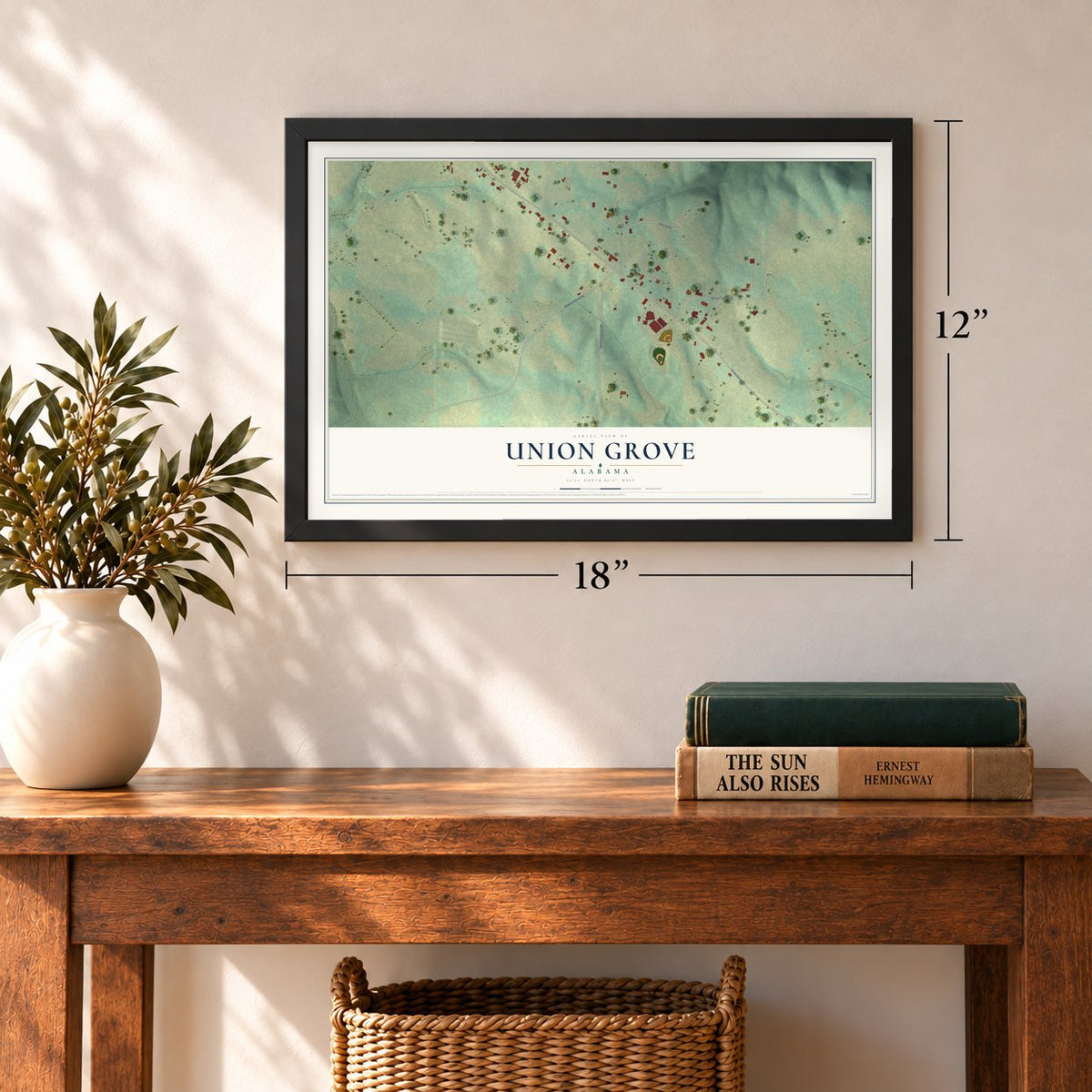 Union Grove, Alabama map, 12 x 18 inch print in a black frame in an entryway