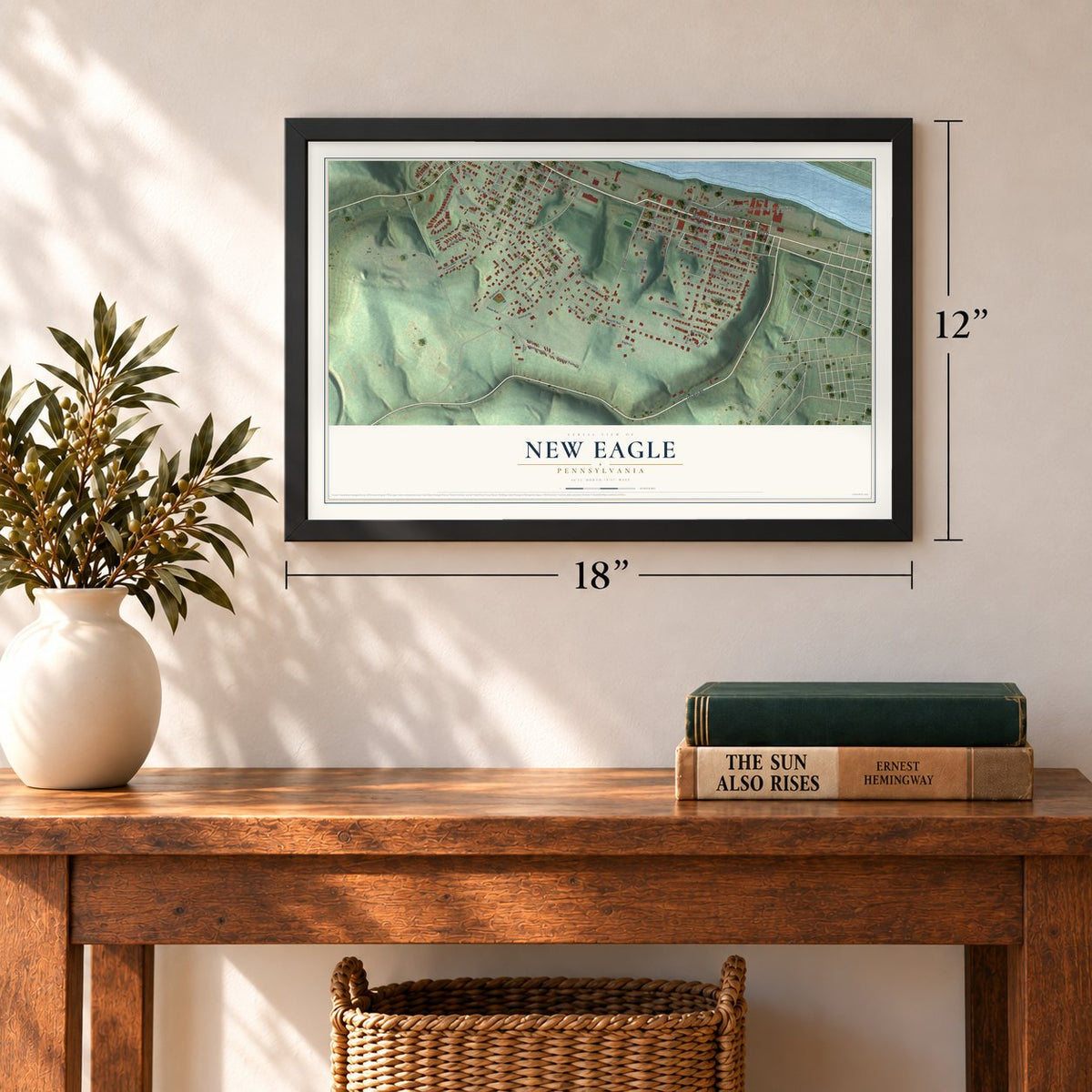 New Eagle, Pennsylvania map, 12 x 18 inch print in a black frame in an entryway