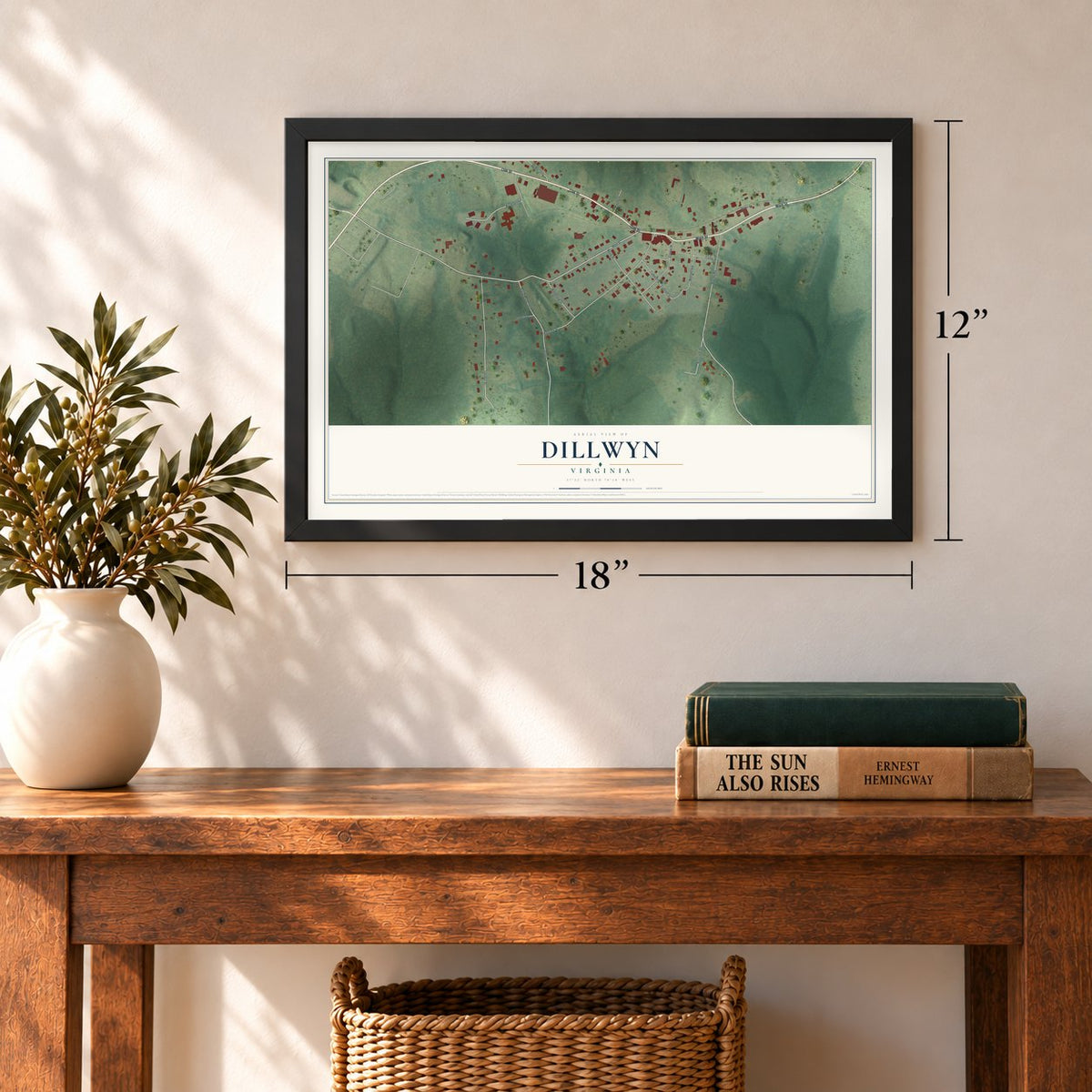 Dillwyn, Virginia map, 12 x 18 inch print in a black frame in an entryway