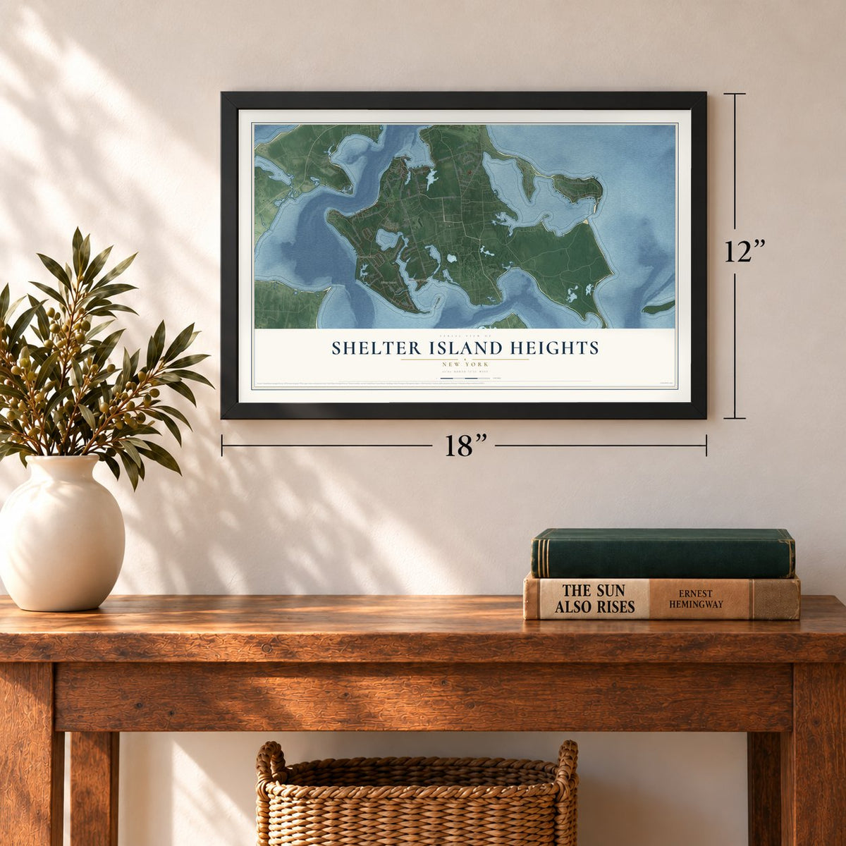 Shelter Island Heights, New York map, 12 x 18 inch print in a black frame in an entryway