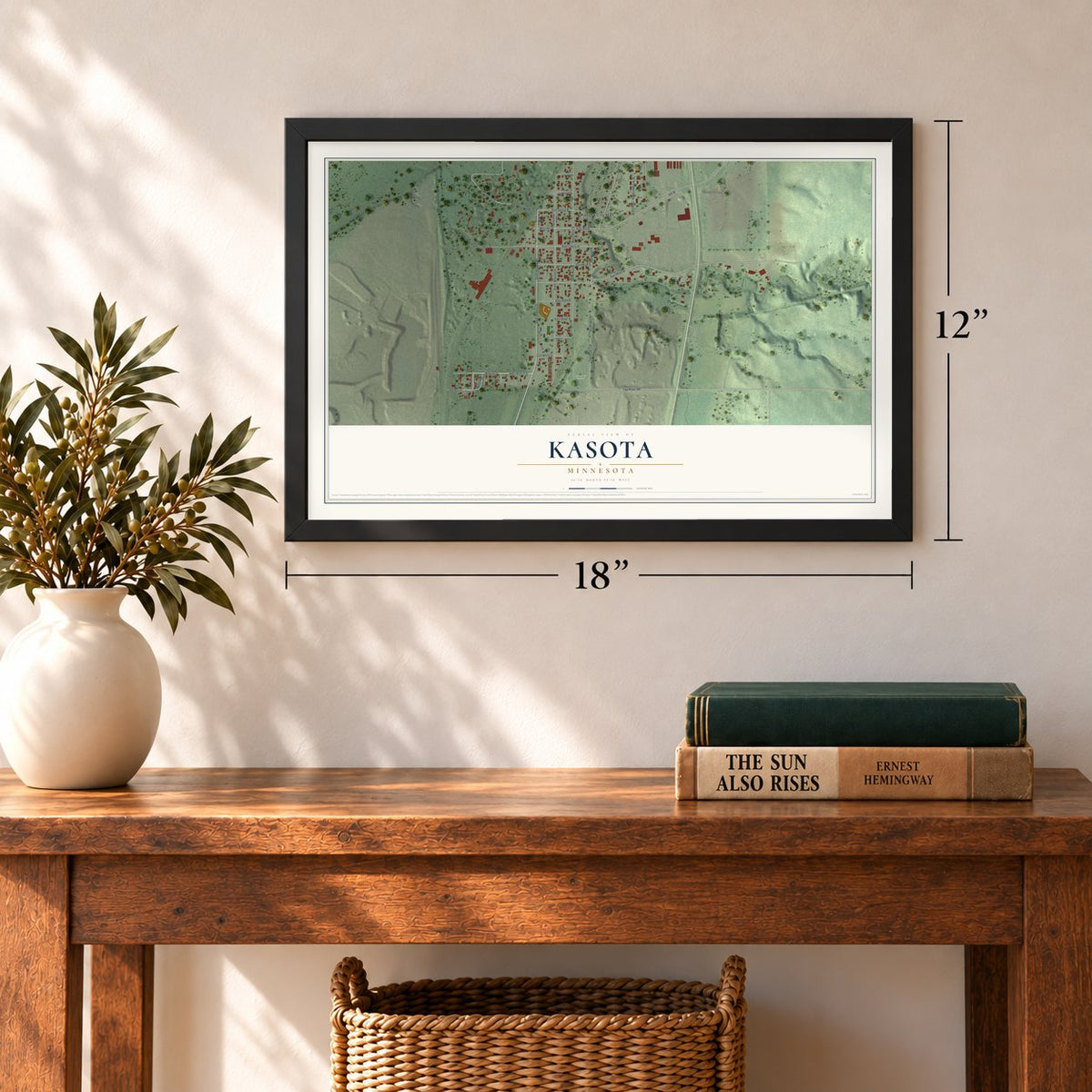 Kasota, Minnesota map, 12 x 18 inch print in a black frame in an entryway