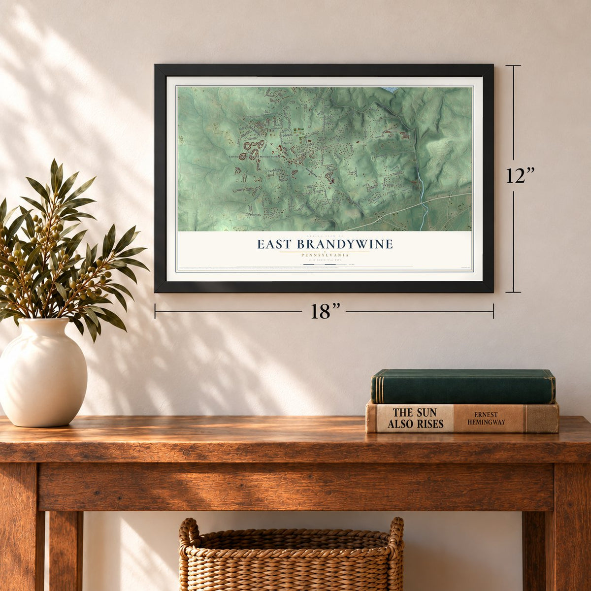 East Brandywine, Pennsylvania map, 12 x 18 inch print in a black frame in an entryway