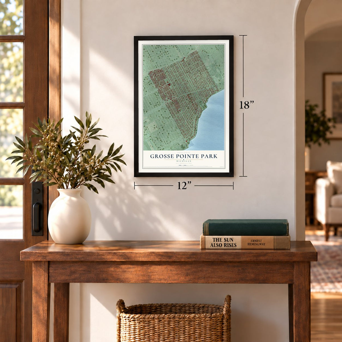 Grosse Pointe Park, Michigan map, 12 x 18 inch print in a black frame in an entryway