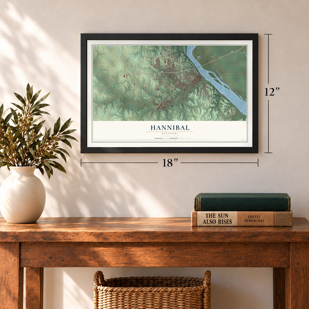 Hannibal, Missouri map, 12 x 18 inch print in a black frame in an entryway