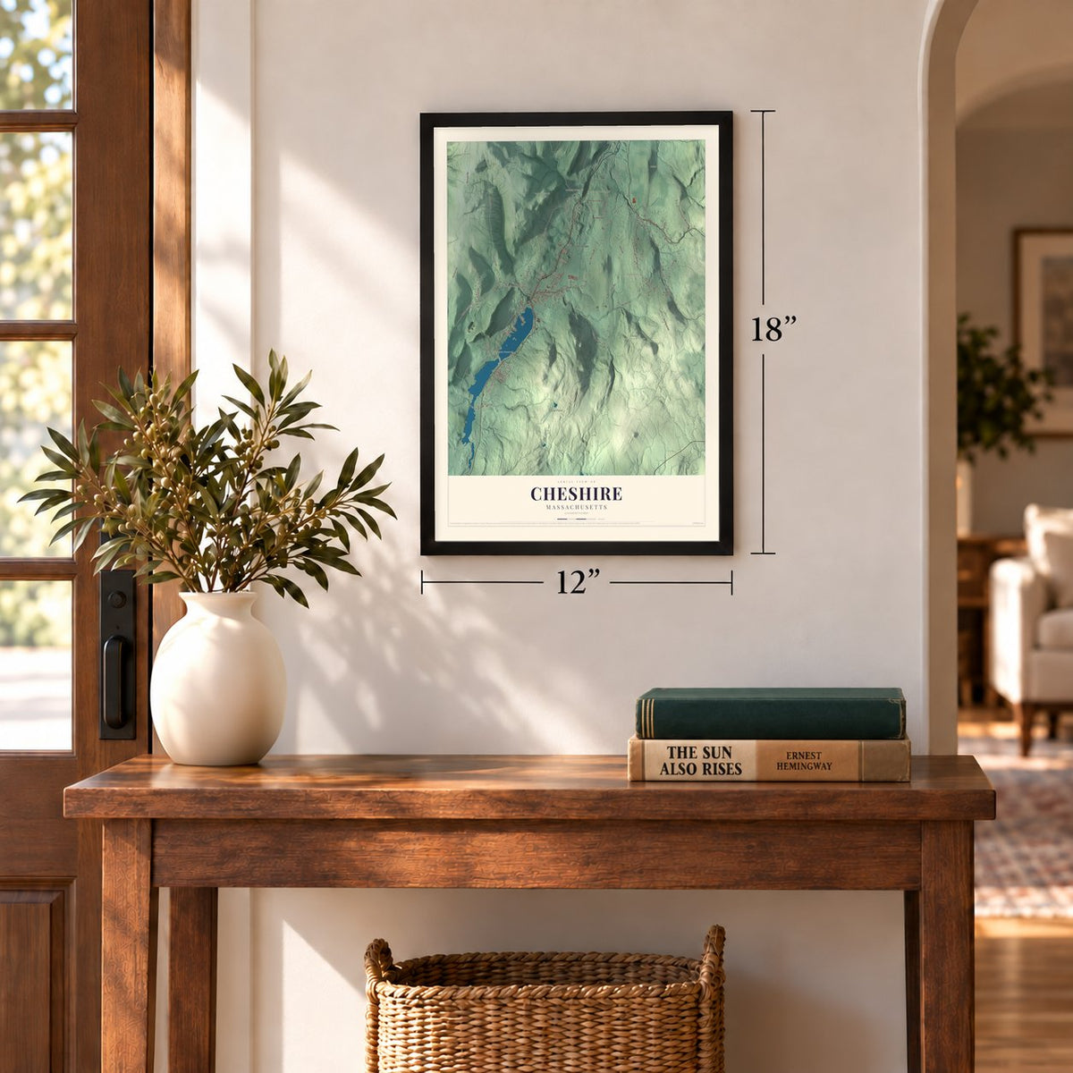 Cheshire, Massachusetts map, 12 x 18 inch print in a black frame in an entryway