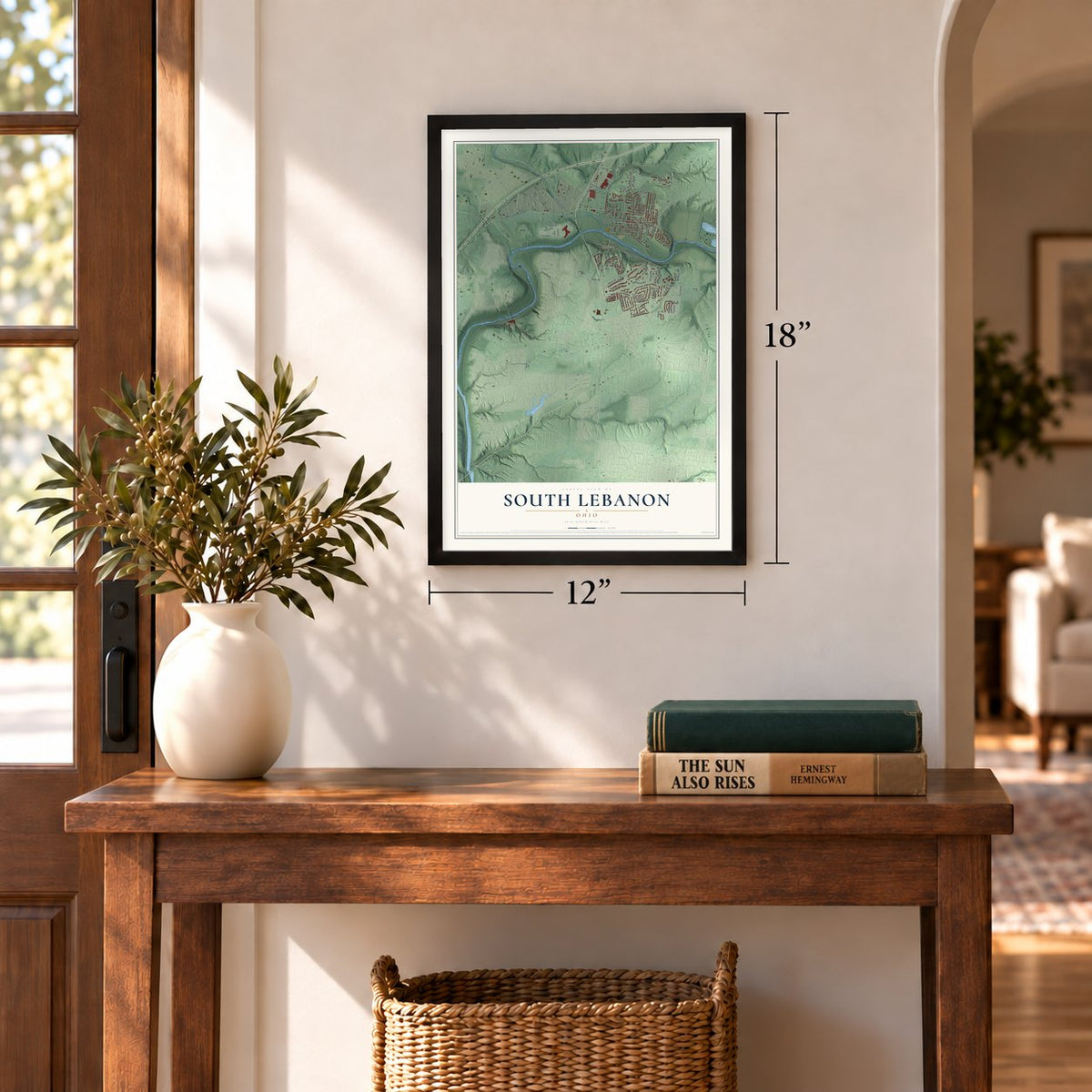 South Lebanon, Ohio map, 12 x 18 inch print in a black frame in an entryway