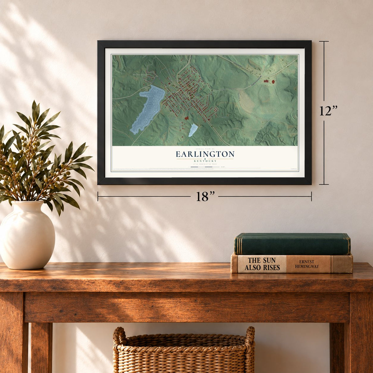 Earlington, Kentucky map, 12 x 18 inch print in a black frame in an entryway