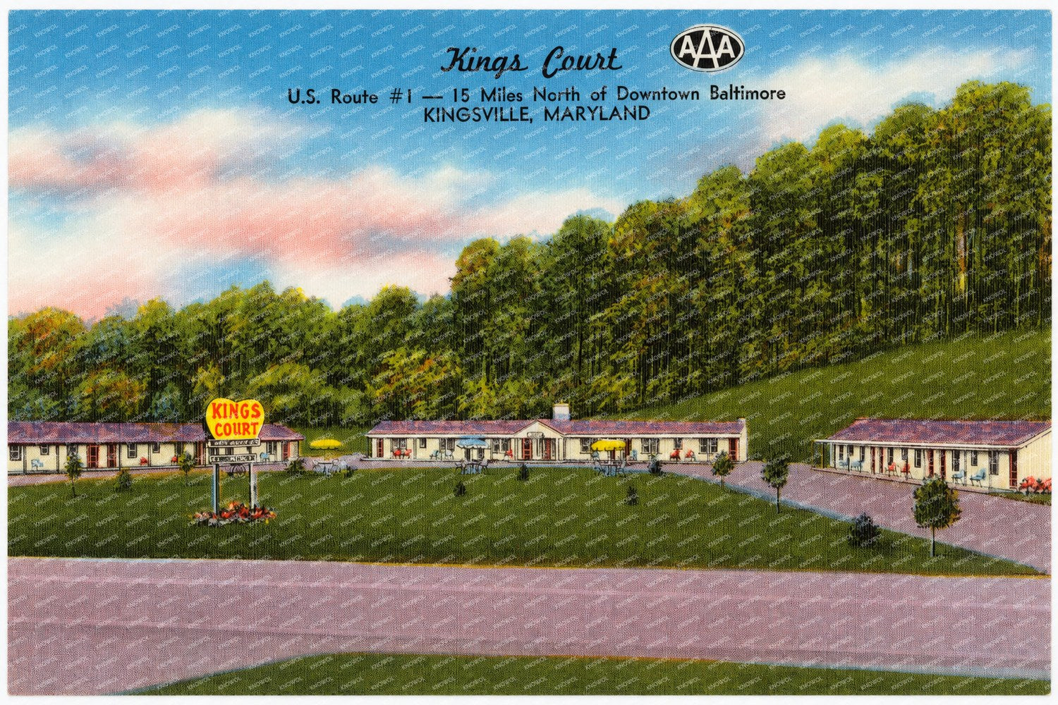 King's Court, U. S. Route #1 -- 15 miles north of Downtown Baltimore, Kingsville, Maryland — Vintage Maryland Postcard