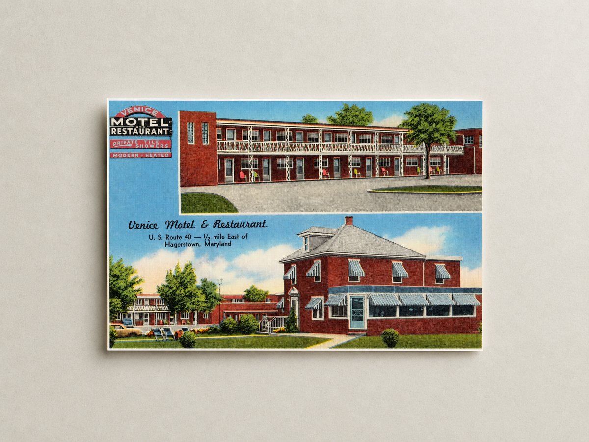 Venice Motel & Restaurant, U. S. Route 40 -- 1/2 mile east of Hagerstown, Maryland — Vintage Maryland Postcard
