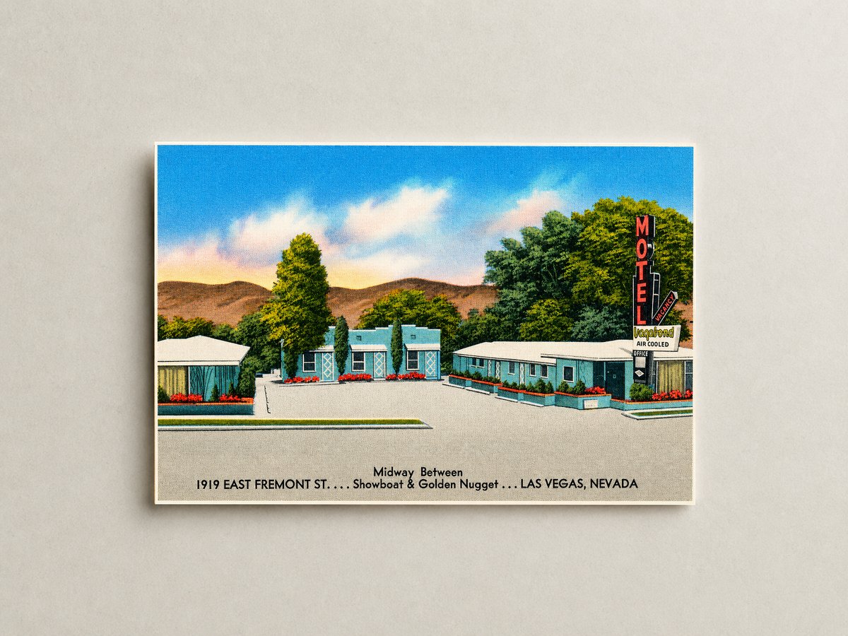 Las Vegas, NV: Vagabond Motel, midway between 1919 East Fremont St.... Showboat & Golden Nugget... Las Vegas