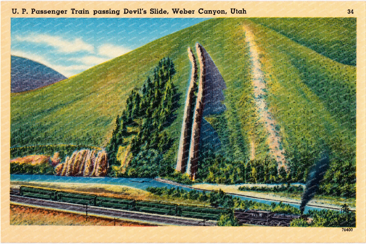 Weber Canyon, UT: U. P. Passenger Train passing Devil's Slide