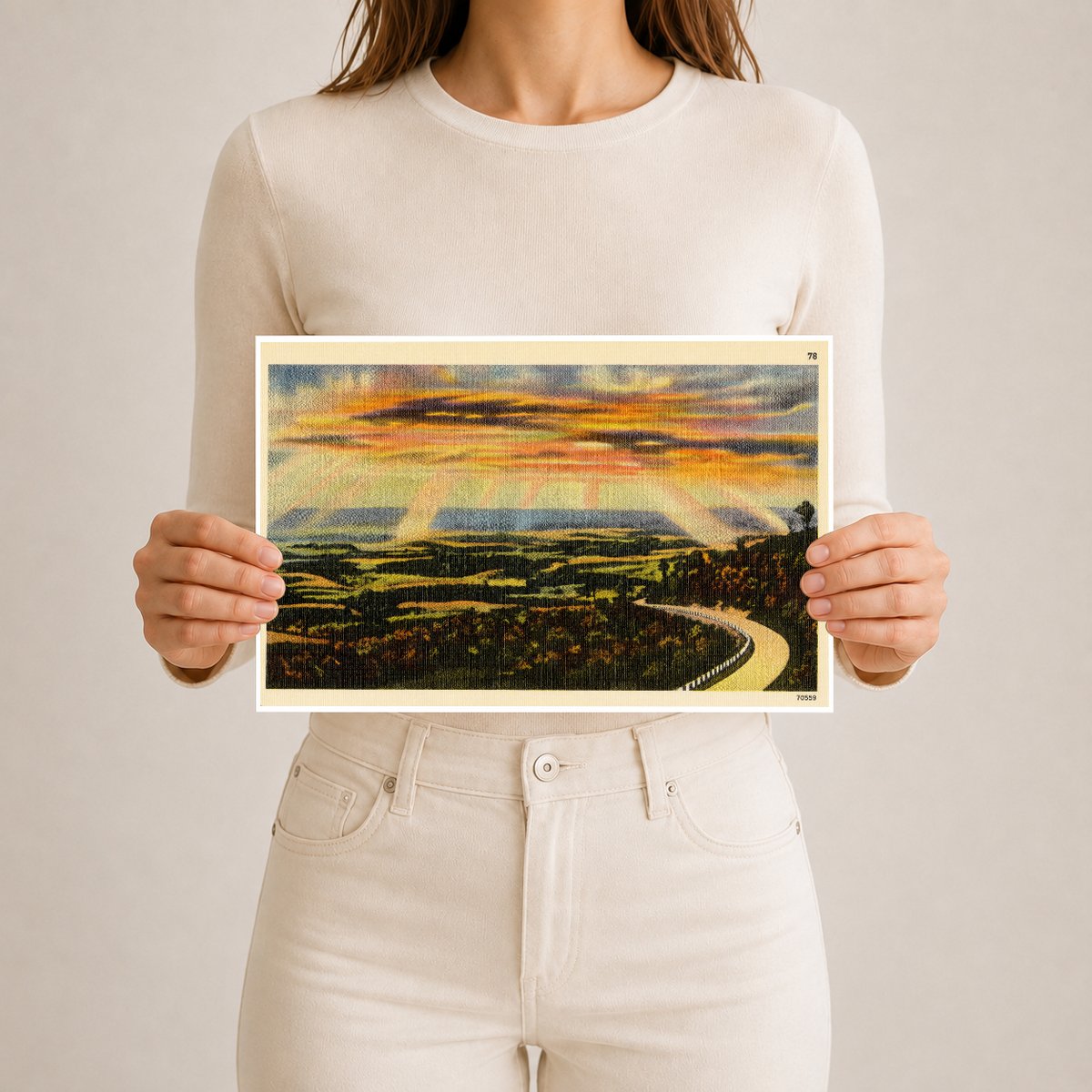 Sunset over road winding through nature. — Vintage Maryland Postcard