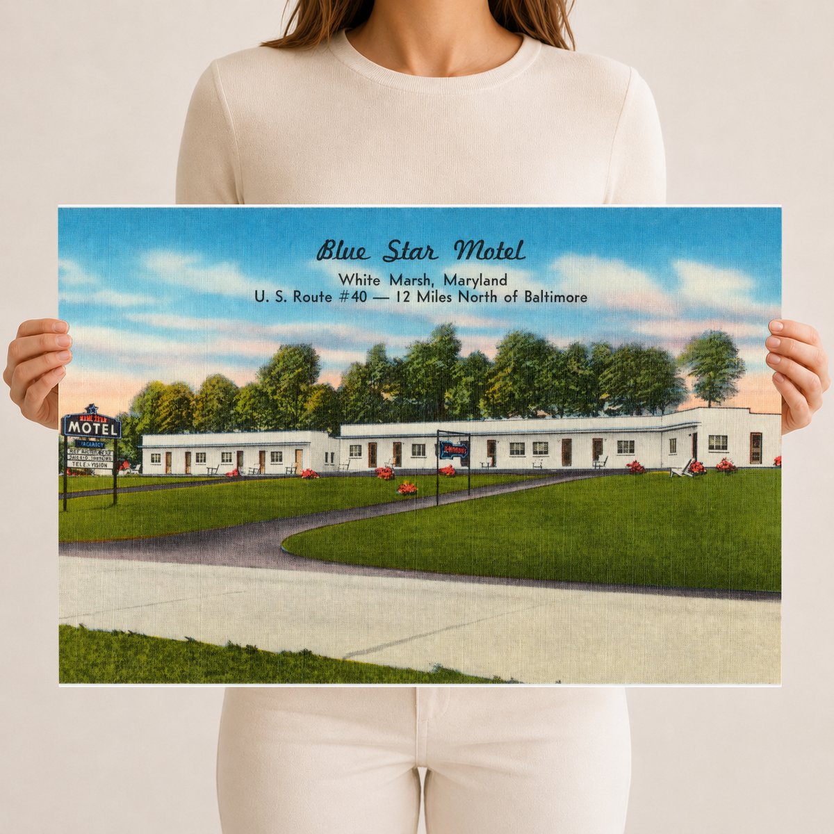 Blue Star Motel, White Marsh, Maryland, U. S. Route #40 -- 12 miles north of Baltimore — Vintage Maryland Postcard