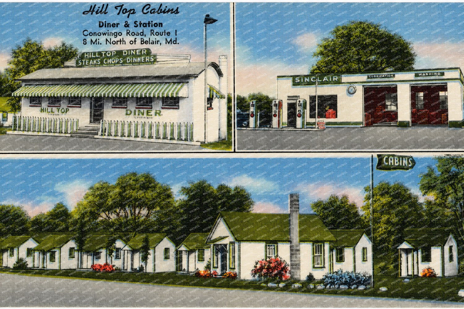Hill Top Cabins, diner and stations, Conowingo Road, Route 1, 8 mi. north of Belair, MD — Vintage Maryland Postcard