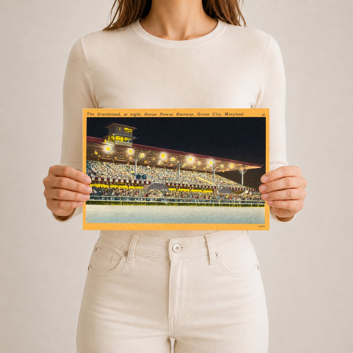 The grandstand, at night, Ocean Downs Raceway, Ocean City, Maryland — Vintage Maryland Postcard