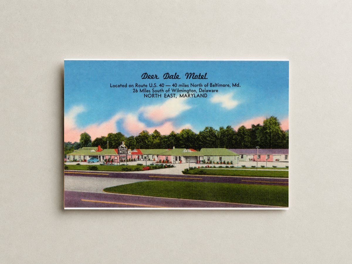 Deer Dale Motel, located on Route U. S. 40 -- 40 minutes north of Baltimore, MD, 26 miles south of Wilmington, Delaware, North East, Maryland — Vintage Maryland Postcard