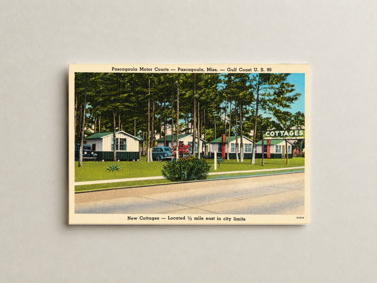 Pascagoula, MS: Pascagoula Motor Courts -- Pascagoula, Miss. -- Gulf Coast U.S. 90, new cottages -- Located 1/2 miles east in city limits