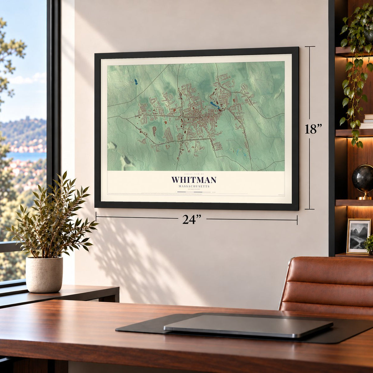 Whitman, Massachusetts map, 18 x 24 inch print in a black frame in a home office