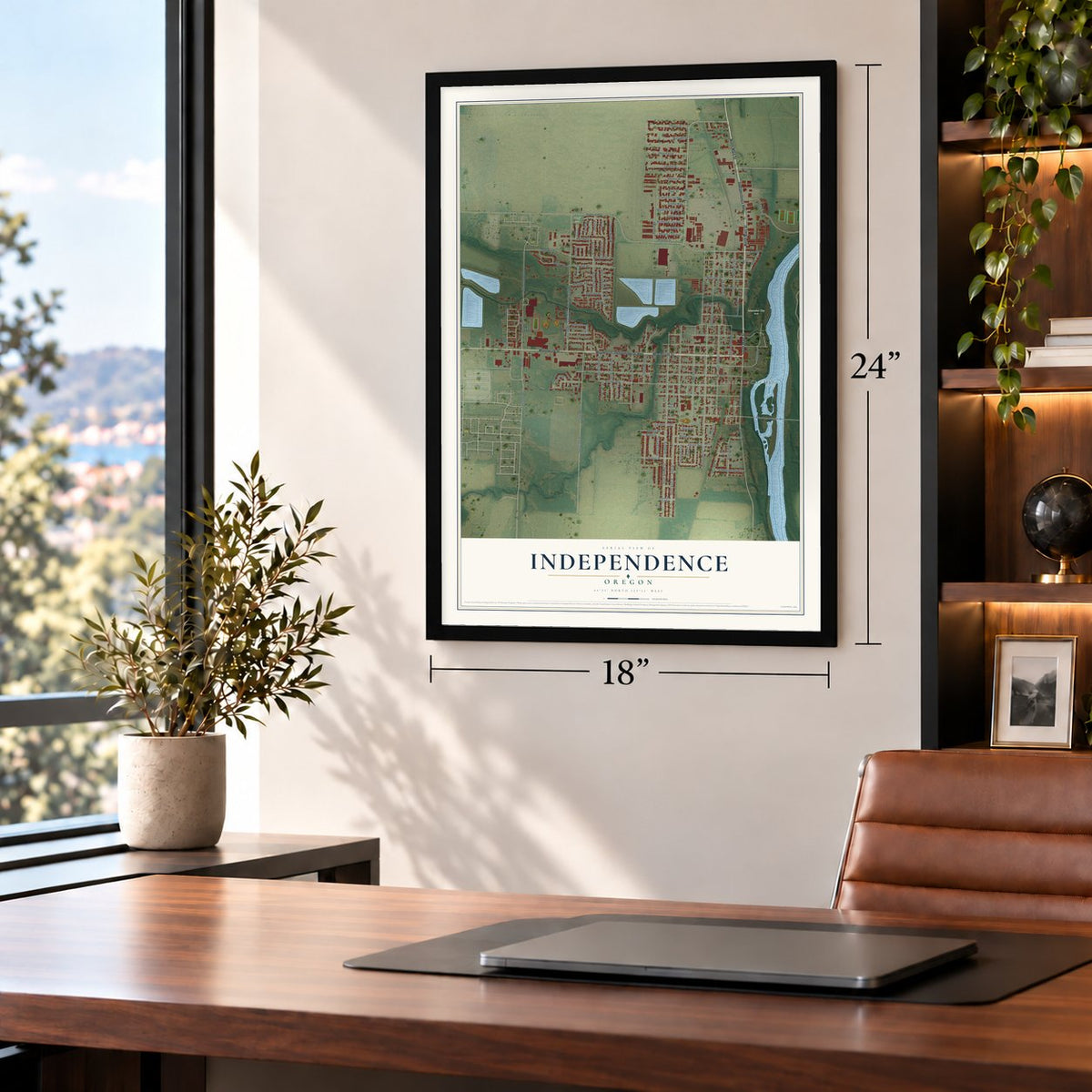 Independence, Oregon map, 18 x 24 inch print in a black frame in a home office